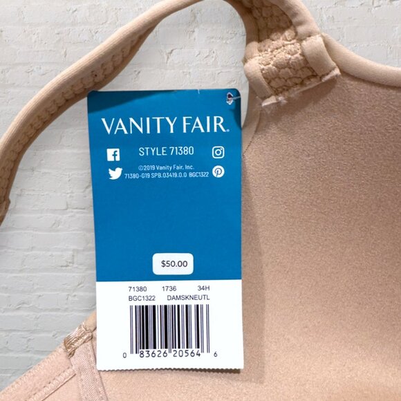NWT VANITY FAIR 71380 Beauty Back Smoother Full Figure Wireless Bra Damask 34H - Picture 2 of 3